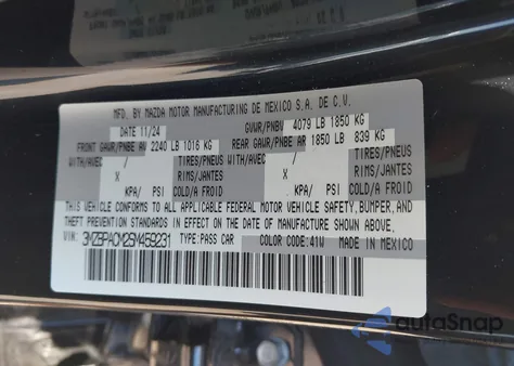 2025 Mazda 3 2.5 S Preferred from USA, damaged, VIN 3MZBPACM2SM459231